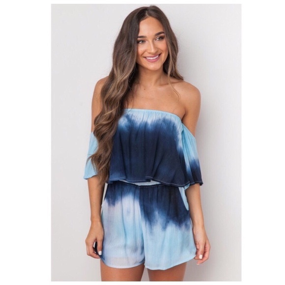 Vella Pants - New tie-dye blue Off Shoulder Romper